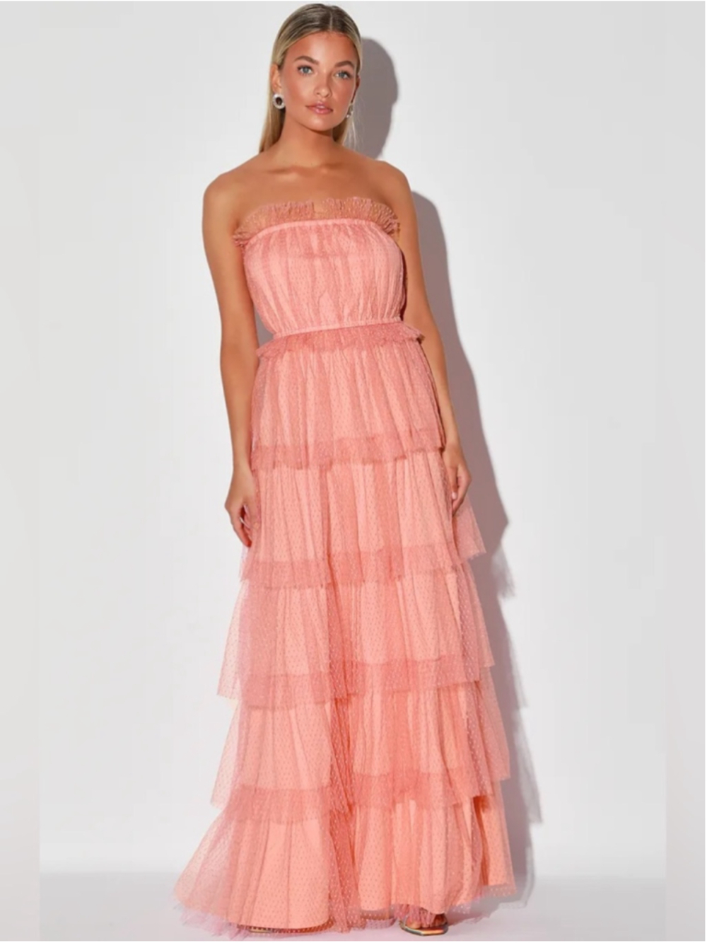 Lulu's Tier For A Good Time Strapless Tiered Tulle Maxi Dress in Coral